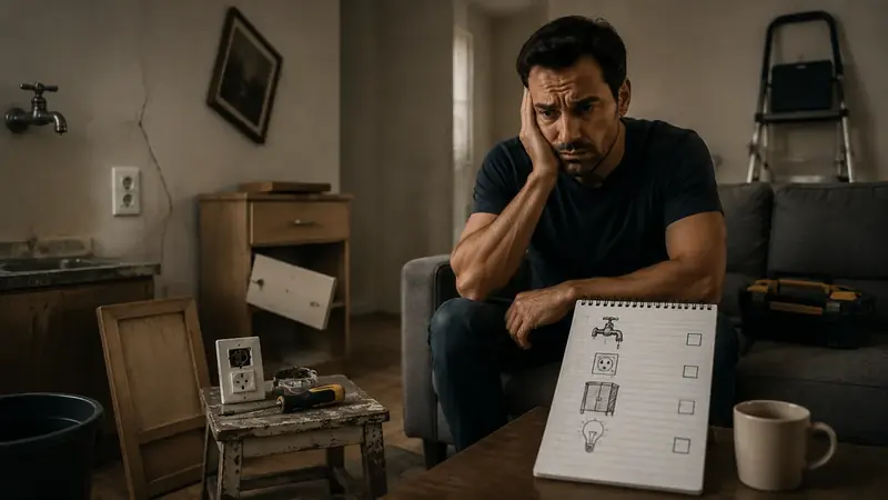 Hombre observando una lista de reparaciones pendientes en casa