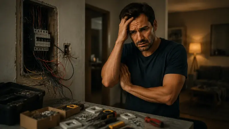 Hombre inseguro frente a un tablero eléctrico con cables expuestos